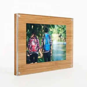 4x6"Clear acrylic magnetic photo frame with wooden edge