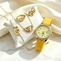 Ensemble de montres pour femmes 5 en 1, montre-bracelet à quartz avec calendrier, bracelet en strass en forme de cœur, collier, bague, boucles d'oreilles, vente en gros