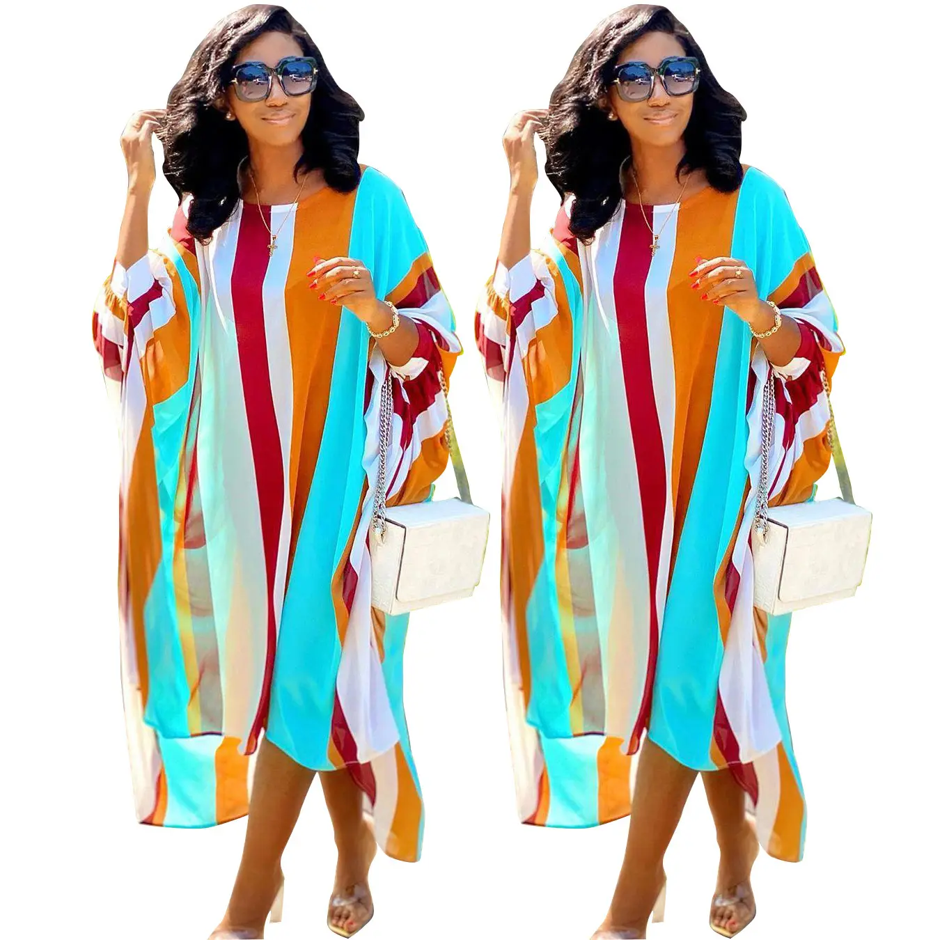 Summer Fall New O Neck Long Sleeve rainbow Print Long Loose Dress Bohemian Long Sleeve Puff Sleeve Beach Dress 10% off