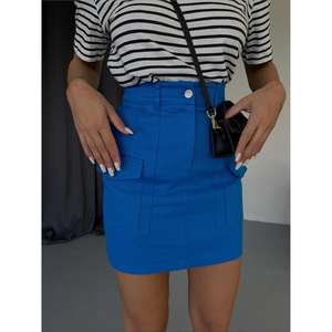 Minifalda de Gabardina de Cintura Alta con Bolsillos, Azul, Ajustada, para Mujer - Product Image 1