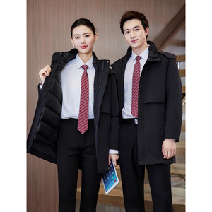 Women's Black Mid Length Down Jacket 90+ Fill Power 351-400g Slim Fit Workwear With Pocket Professional Suit Collar - Product Image 1