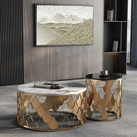 Table basse contemporaine en marbre circulaire, acier inoxydable et verre, meubles de salon