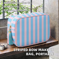 Tas Makeup Looen Ramah Lingkungan Motif Garis dengan Pita dan Rumbai, Portabel, Geometris, Kanvas, 3-6L untuk Penyimpanan Sederhana dengan Ritsleting
