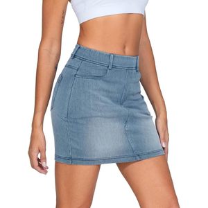 Falda vaquera mini de cintura alta para mujer FOXA con bolsillos, falda vaquera elástica ajustada - Product Image 1