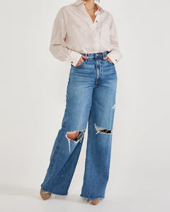 Calça <span class=keywords><strong>jeans</strong></span> de cintura alta, fabricante de logotipo personalizada, <span class=keywords><strong>jeans</strong></span> de cintura alta, namorado, joelho, rip, perna larga, para mulheres - Product Image 3