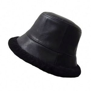 Winter Glabrous Black Pu Leather Fisherman <b>Hat</b> Vintage Japanese Lamb Wool <b>Warm</b> <b>Hat</b> Basin Bucket <b>Hat</b> - Product Image 3