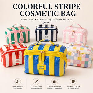 Pochette <span class=keywords><strong>de</strong></span> toilette en PVC rayée imperméable avec logo personnalisé et compartiment pour femmes, pour le voyage quotidien, le rangement des articles <span class=keywords><strong>de</strong></span> toilette et des parfums, pochette <span class=keywords><strong>de</strong></span> <span class=keywords><strong>maquillage</strong></span> - Product Image 3