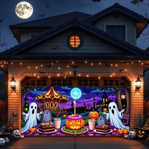 Pancarta para Puerta de Garaje de Halloween, Luna Llena Nocturna Púrpura, <span class=keywords><strong>Tres</strong></span> Brujas, Cementerio, Cubierta Grande para Puerta de Garaje, Decoración Exterior Personalizable - Product Image 6