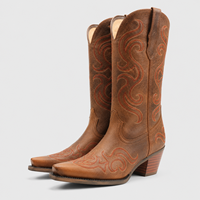 PALITUTU Sepatu Bot Cowgirl Tinggi Setengah Betis, Ujung Persegi, Hak Tebal, Pola Geometris, Anti Selip, Nyaman, Bordir, Kulit Sapi