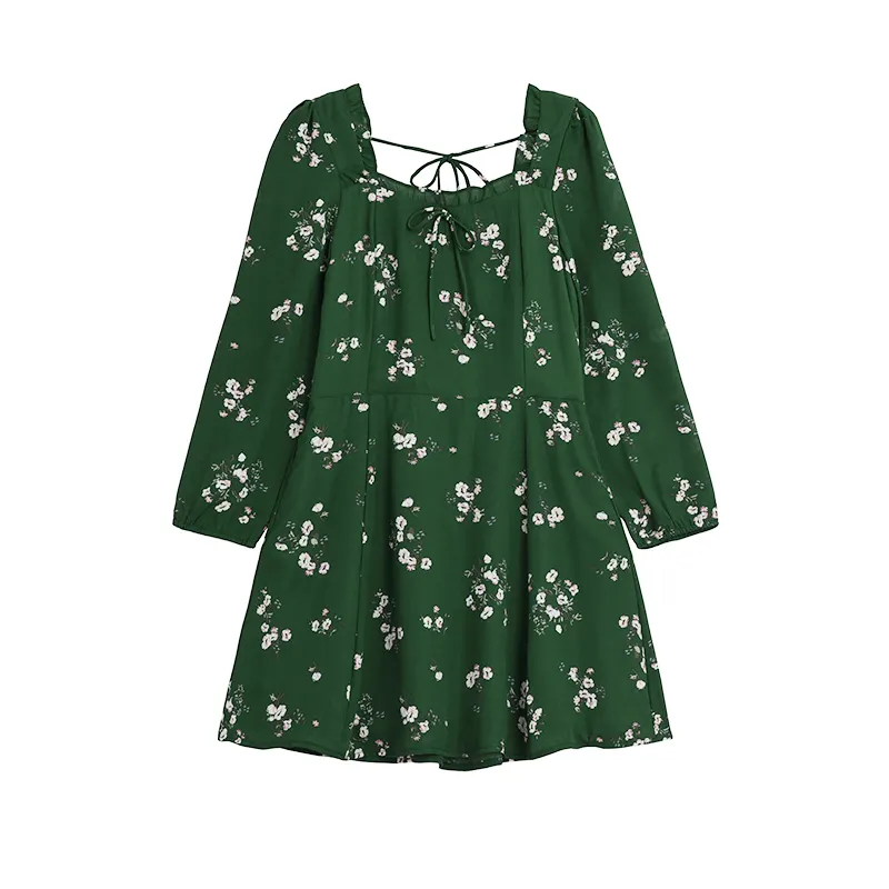 Waist Binding Flounces Square Neck Chiffon Floral Maxi Somcking Dress Long Sleeve Green Holiday Style Floral Chiffon Dress