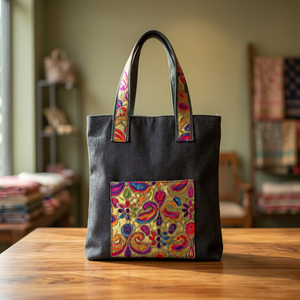 Borsa Tote in Tela Stile Bohemien con Chiusura Aperta, Decorazione a Bottone, Colore Unito, Fodera in Poliestere, Tessuto Riciclato in Jeans Dorato - Product Image 3