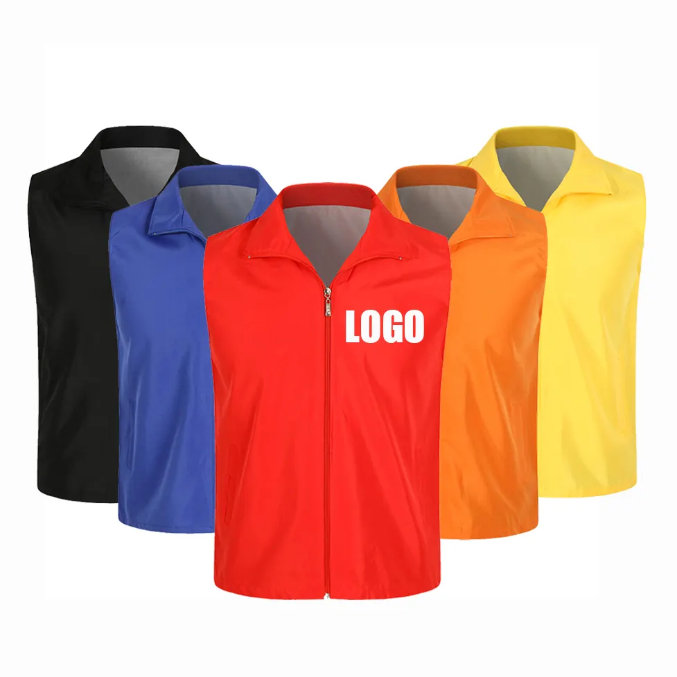 Polyester Red Orange Zip up Top for Uniform Supermarket Barber Work Advertising Volunteer Vest with Custom Logo   Zipper