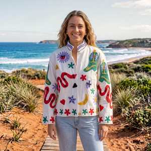 Colorful Embroidered Bomber <b>Jacket</b> With Mandarin Collar And Full Sleeve For <b>Women</b> Summer Wear - Product Image 1