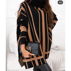 Mybeefashion Poncho Kazakh pour femmes, cardigan noir rayé en tricot, pull à col roulé à manches longues, vêtement d'extérieur, manteau de mode hivernal - Product Image 2