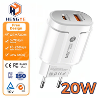Chargeur rapide 2 ports USB-C vers Type-A QC3.0 PD 20W pour ordinateur portable et téléphone portable, adaptateur de voyage électrique