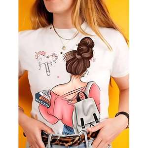 T-shirts imprimés en coton doux tendance pour femmes et enfants, hauts décontractés légers et confortables pour les sorties en famille et l'école - Product Image 1
