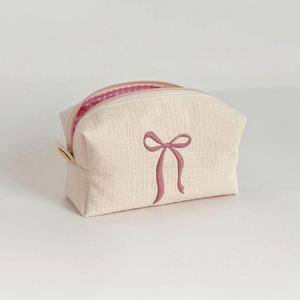 Custom Bow Embroidery Eco-Friendly Cotton Makeup Bags Travel Zipper for Bag Women for Gingham Inner <b>Cosmetic</b> <b>Organizer</b> - Product Image 1