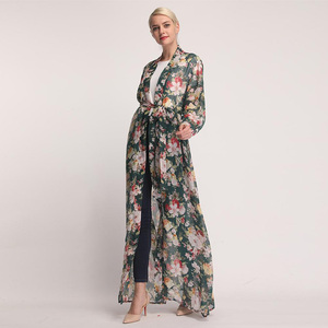 New Fashion Women Casual <span class=keywords><strong>Plus</strong></span> Size Langarm Schnürung Atmungsaktive Gaze Chiffon gedruckt langen Trenchcoat - Product Image 5
