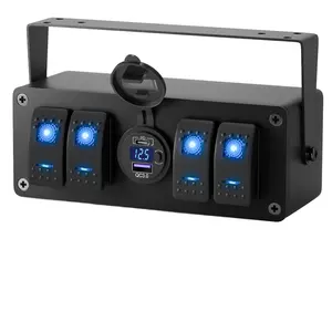 12V 4 Gang Rocker Switch Panel Marine Blue LED Light Bar Waterproof Dual USB Outlet PD3.0 QC3.0 12 Volt ON/Off Rocker Switch Box