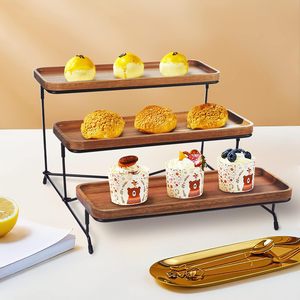 Acacia gỗ phục vụ khay với màu đen kim loại đứng 3 tầng cupcake đứng bằng gỗ thực phẩm hiển thị platters món tráng miệng bảng hiển thị thiết lập - Product Image 4