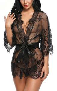 Kadın Seksi Saten Dantel Gecelik Yazlık Şeffaf Uyku Elbisesi Düz Renk Dantel Pijama Bornoz Gecelik Erotik İç Giyim - Product Image 3