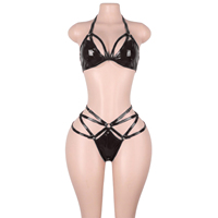 Ensemble de lingerie deux pièces en cuir brillant effet mouillé avec boucle de ceinture, style bikini, pour femmes, tenue de clubbing, de serveuse de bouteilles ou de soirée en boîte de nuit