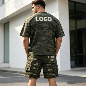 Conjuntos de camuflaje para hombre, conjuntos oversize casuales y holgados, ropa de trabajo, 100% algodón, ecológicos, camiseta y pantalones cortos para hombre - Product Image 5