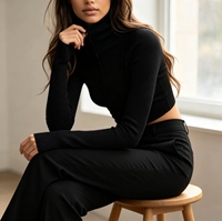 Pull court en maille côtelée extensible pour femme, col roulé mi-zippé, manches raglan longues, coupe ajustée, décontracté, pour l'automne