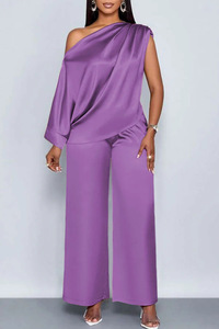 Ensemble décontracté en satin pour femme, style transfrontalier, avec haut à col asymétrique et pantalon, style européen et américain - Product Image 6