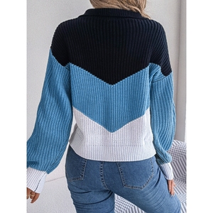 Casual Lapel Color Blocking Long Sleeve Women's Knit <b>Pullover</b> <b>Sweater</b> Fashion - Product Image 6