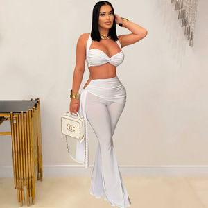 Spedizione Rapida CX7485 Set Estivo da <span class=keywords><strong>Donna</strong></span>, Top Corto con Collo all'Americana e Pantaloni a Gamba Larga, Completo Due Pezzi Elasticizzato per Look Casual - Product Image 3