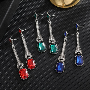 Vintage Style Diamond Encrusted Square Tassel Drop <b>Earrings</b> Alloy Bezel Setting Party Jewelry - Product Image 2