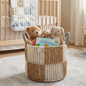 Panier de rangement en corde de coton tressé vertical style bohème color block avec poignées pour la décoration esthétique de la chambre et de la maison - Product Image 5