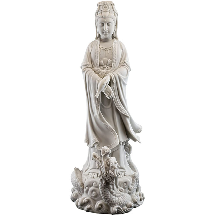 Resin - White Marble Finish Quan Yin Standing on Dragon Statue 20inch Tall