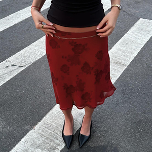Falda midi de satén floral roja vintage para mujer, falda de cintura alta Y2K, falda elegante informal de verano para uso diario - Product Image 4