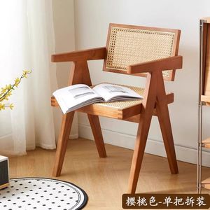 Silla de Ratán de Madera Maciza Color Nogal con Reposabrazos, Estructura de Roble de 2.5 cm de Grosor, Silla de Salón de Estilo Nórdico - Product Image 2