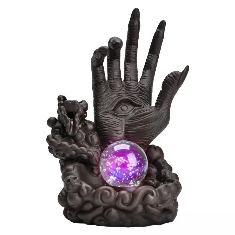 Creatieve Led Licht Wierookbrander Energie Decoratie Paars Zand Keramische Duivel 'S Hand Magische Waarzeggerij Meditatie Halloween Led