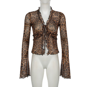 Leopar kadın T-shirt giysi gömlek ince bluz uzun kollu düzensiz kayış örgü T-shirt - Product Image 3