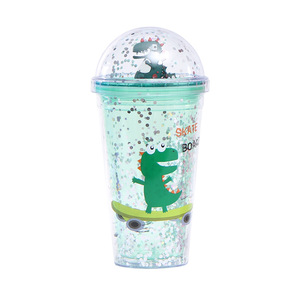 GZYSL RTS Cangkir Minum Anak Lapisan Ganda, Boneka Dinosaurus Lucu Glitter 16OZ Cangkir Tumbler Plastik dengan Tutup Kubah dan Sedotan - Product Image 6