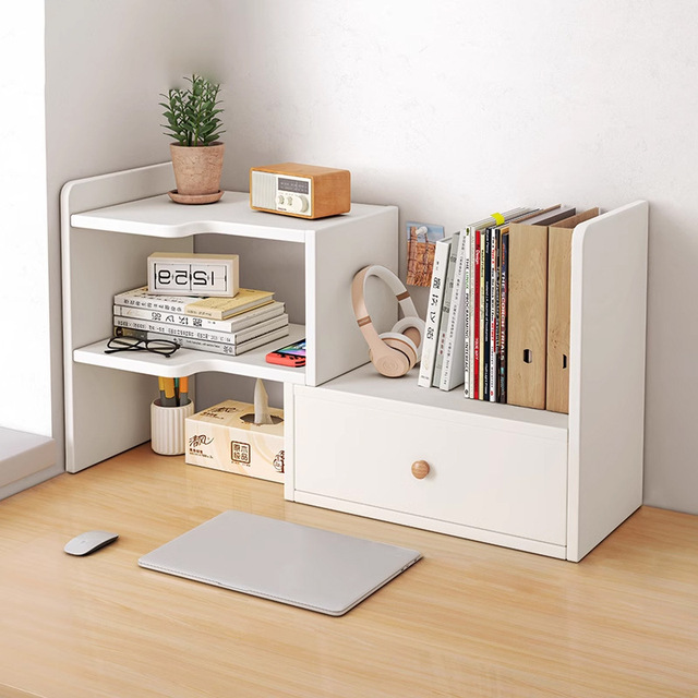 Customized Wholesale Wooden Study Office Desk Desktop Bookshelf Desktop Storage Rack White Multi-layer Small Storage Cabinet