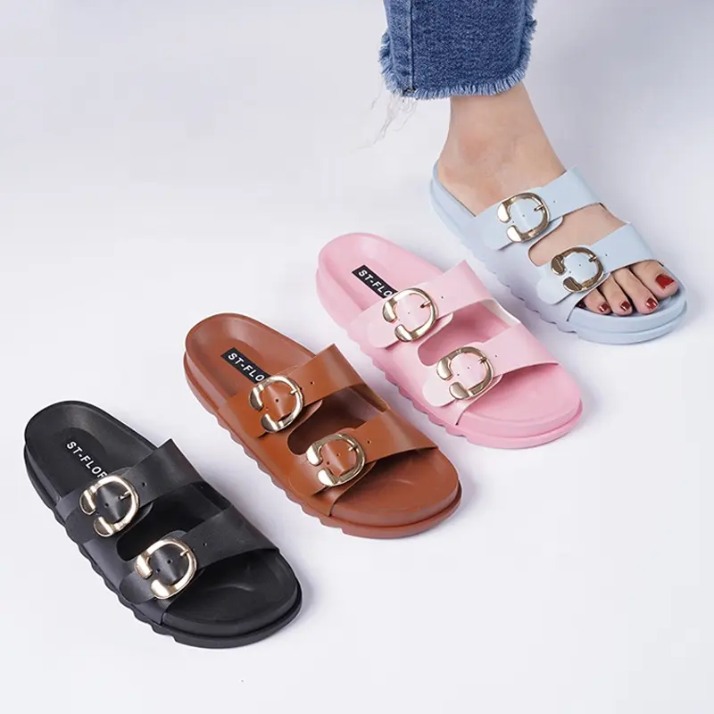Sandalias de dos correas personalizadas de alta calidad para mujer, zapatillas deslizantes con hebilla de Metal para mujer