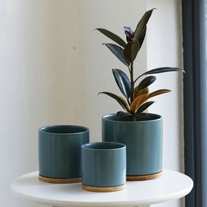 3 "4" 5 "Pots de fleurs en céramique <span class=keywords><strong>pour</strong></span> <span class=keywords><strong>plantes</strong></span> avec trou de drainage et soucoupe Jardinières d'extérieur <span class=keywords><strong>pour</strong></span> patio Pot de fleurs Plateau en <span class=keywords><strong>bois</strong></span> de bambou - Product Image 3