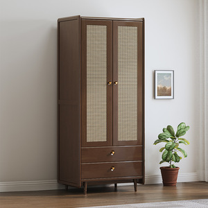 Solid Wood Rattan Wardrobe With <b>Drawers</b> Hinged Door Storage Bedroom Furniture Vintage Black Wood Color - Product Image 2