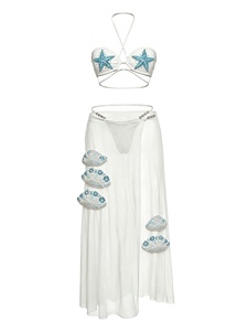 Ensemble 2 pièces élégant pour femme, été 2026 : haut dos nu et <span class=keywords><strong>jupe</strong></span> midi en maille, orné de perles faites main, coupe ajustée, tenue de plage personnalisée - Product Image 1