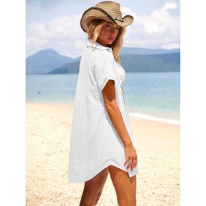 Robe chemise de plage boutonnée pour femme, manches courtes, à œillets, cache-maillot de bain, vêtements de vacances d'été, 100% coton, col en V - Product Image 4