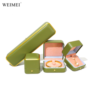 WEIMEI Custom Logo Luxury Olive Green PU Leather Pink Interior Gold Metal Trim <b>Ring</b> Necklace Bracelet Jewelry Packaging <b>Box</b> - Product Image 3