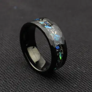 POYA Black Tungsten Hammered Matte Finished Meteorite Green Blue Opal Inlay Wedding Band For Men