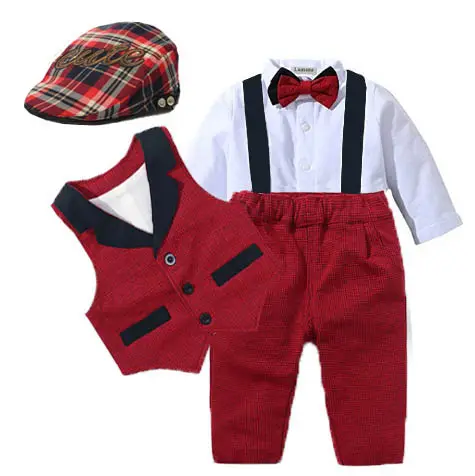 Traje Formal de algodón para bebé recién nacido, pelele rojo para niño, traje de chaleco para niño, traje de fiesta de primer cumpleaños, Sombrero con lazo, novedad