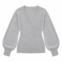 Pull en maille côtelé à col en V et manches lanternes pour femme, coupe ajustée, épaules tombantes, manches longues, automne-hiver, vente en gros ODM