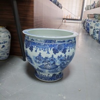 Mangkuk Ikan Besar Porselen Biru Putih Chinoiserie, Pot Keramik Lukisan Tangan Pemandangan Paviliun, Baskom Dekoratif